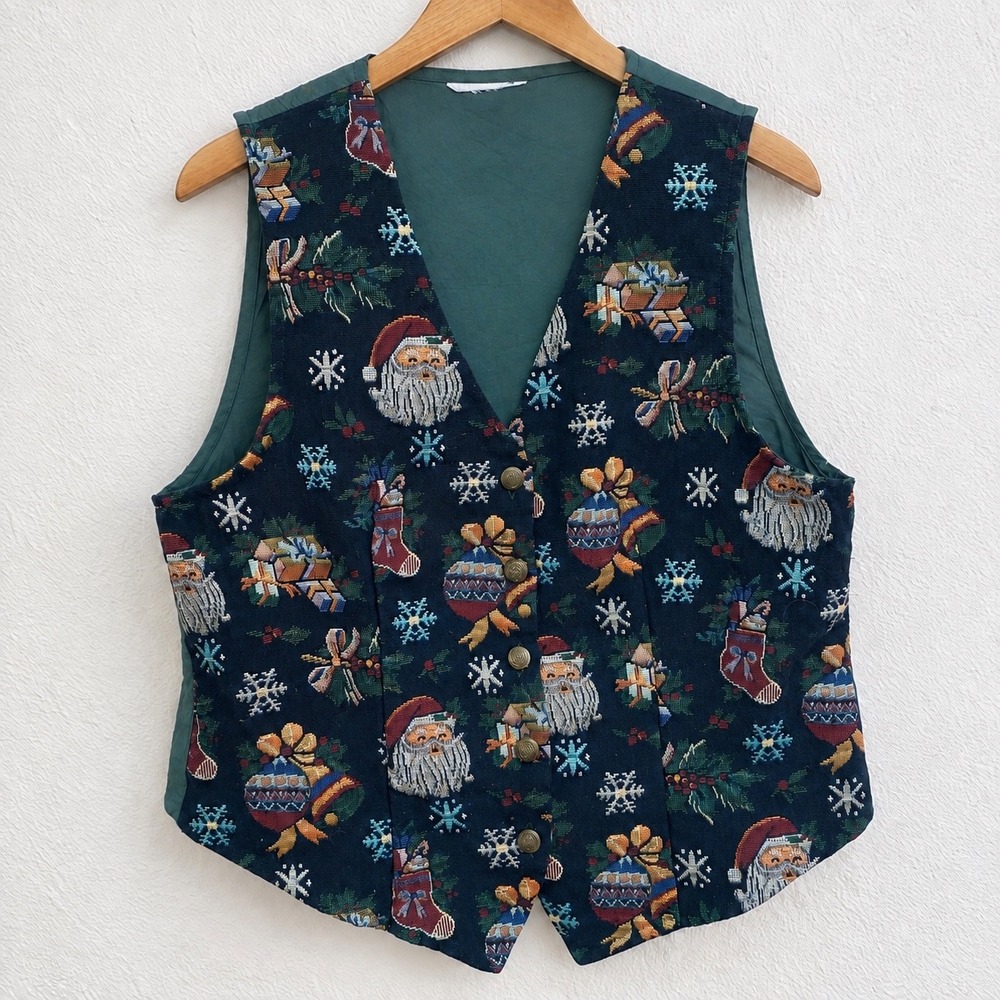 Vintage 90s White Stag Christmas Tapestry Vest Santa Holiday Green Medium